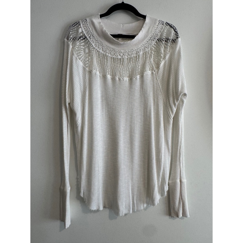 Free People Lace Inset Waffle Knit Thermal Top Women S White Crochet Detail
